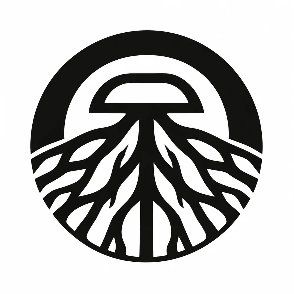 Emblema circular de árvore e raízes